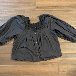 GAP Black Ruffled 3/4 Sleeve Bib Collar Blouse